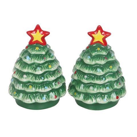 Two Christmas tree-shaped salt and pepper shakers with red stars on a white background