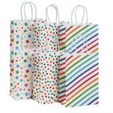 Six colorful paper bags with star, polka dot, and striped patterns on a white background.
