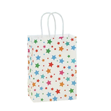 White paper bag with colorful star pattern on a white background