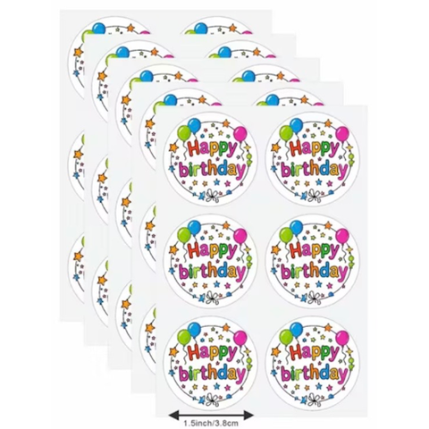 Stickers with 'Happy Birthday' text and colorful designs on a white background