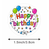 Round sticker with 'Happy Birthday' text and colorful balloons on a white background