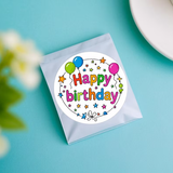 Sticker with 'Happy Birthday' text and balloons on a blue background